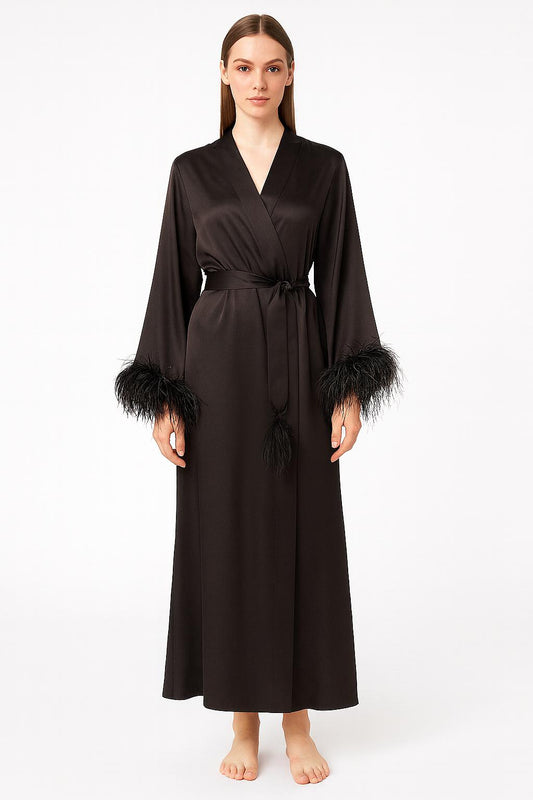 Feather silk robe BLACK